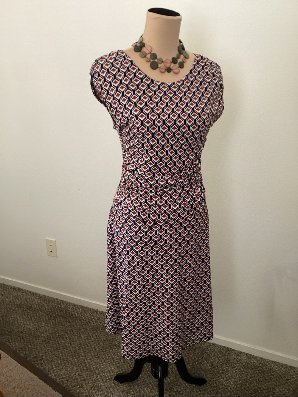 Enfocus Studio Navy, Red & White Geometric Tie-Waist Midi Dress